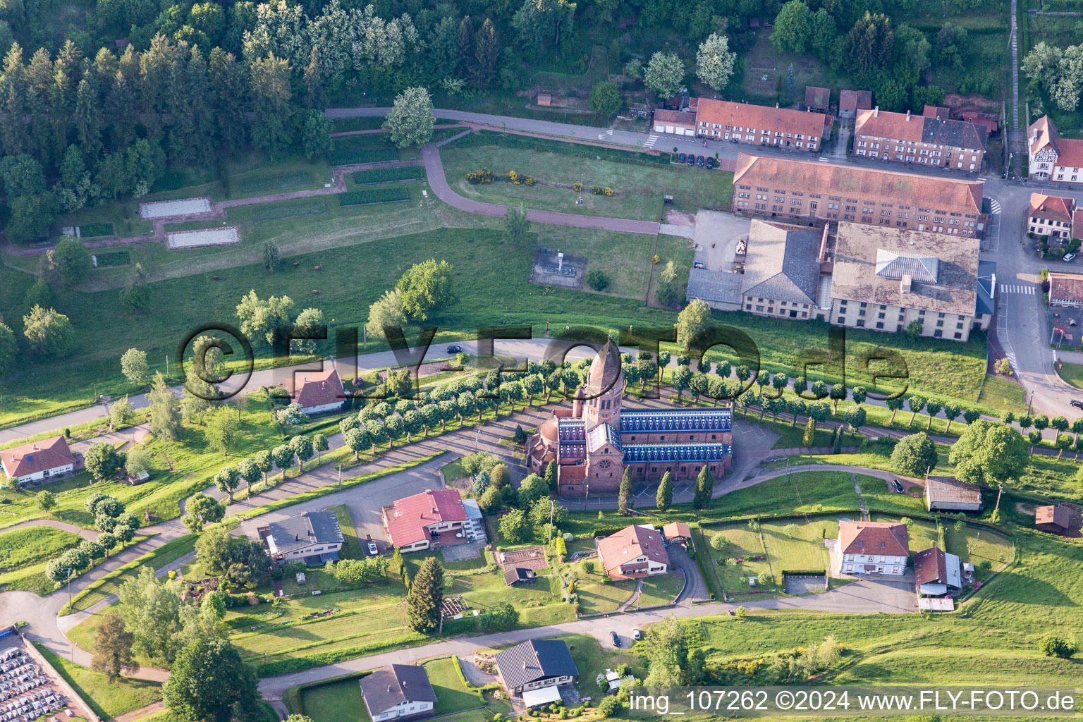 Aerial view of Église Saint-Louis de Saint-Louis-lès-Bitche (Lorraine) in Saint-Louis-lès-Bitche in the state Moselle, France