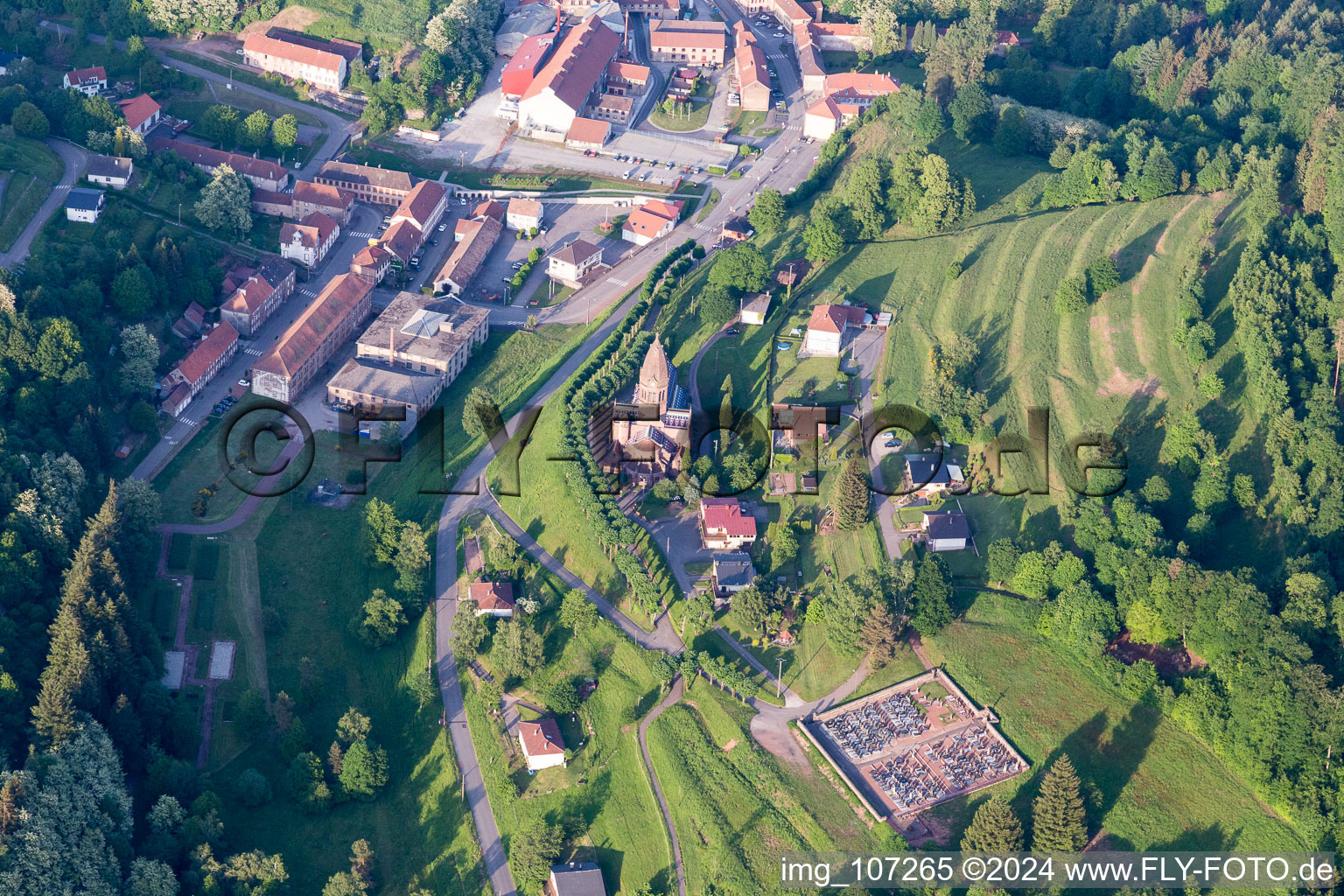 Aerial view of Church building Eglise Saint-Louis de Saint-Louis-lA?s-Bitche in Saint-Louis-les-Bitche in Grand Est, France