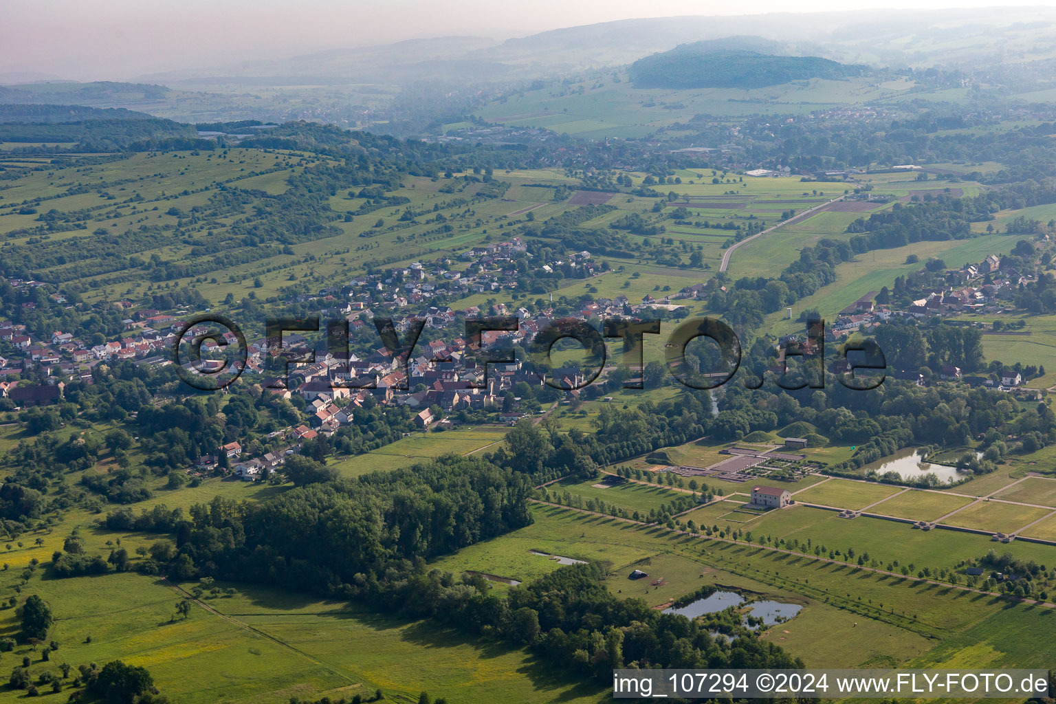 Aerial view of European Cultural Park Bliesbruck-Reinheim in the district Reinheim in Gersheim in the state Saarland, Germany