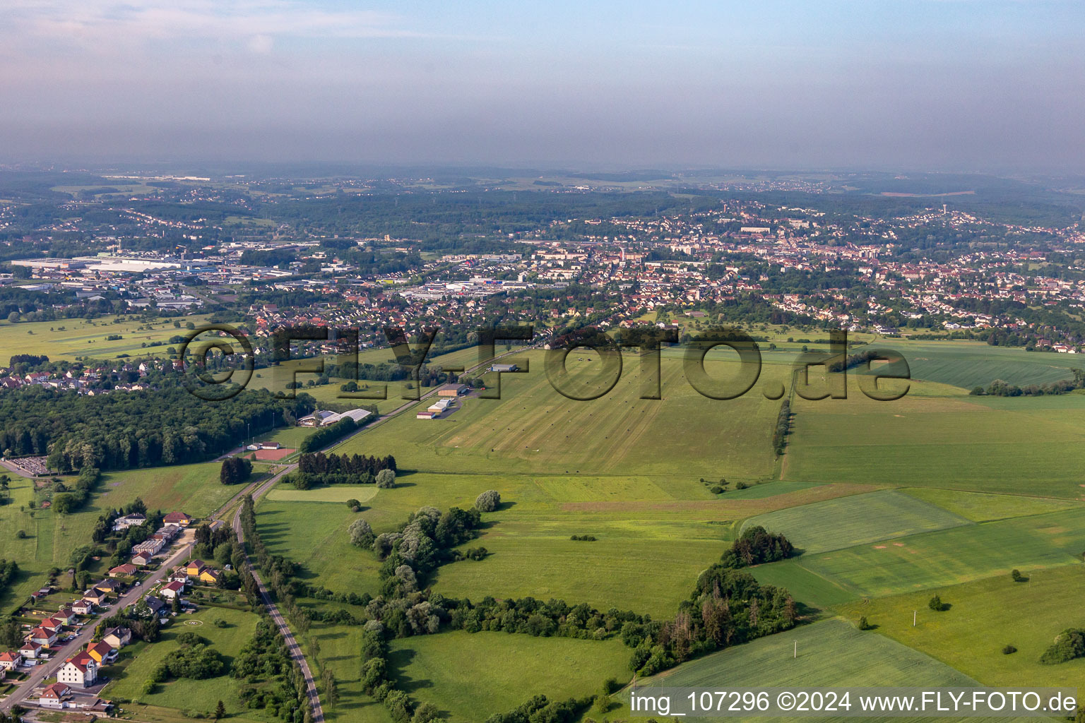 Aerial view of Sarreguemines - Neunkirch, airfield in Frauenberg in the state Moselle, France