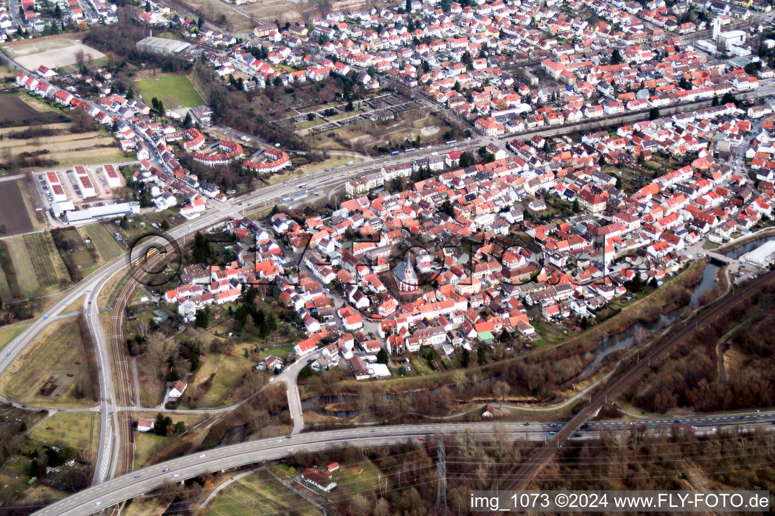 Aerial view of From the southwest in the district Knielingen in Karlsruhe in the state Baden-Wuerttemberg, Germany