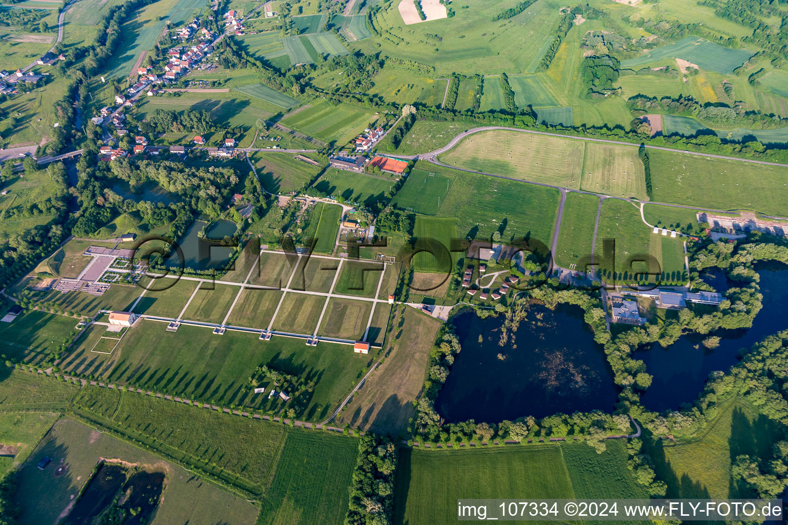 Aerial view of Exposure of archaeological excavation sites on the area Europaeischen Kulturpark Bliesbruck-Reinheim in Reinheim in the state Saarland, Germany