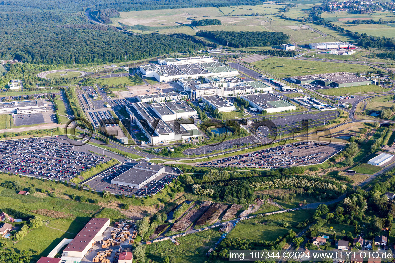 Aerial view of Industrial and commercial area with Toussaint Sarl and Renz Sarl in Woustviller in Grand Est, France