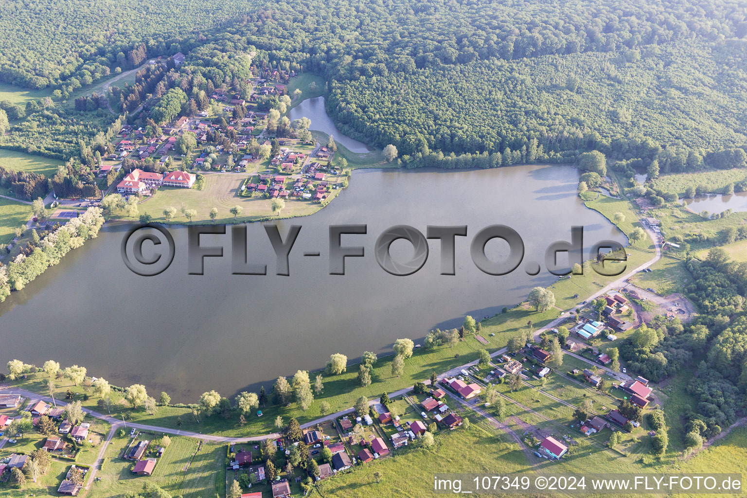 Aerial view of Pond with camping in Hambach in the state Moselle, France