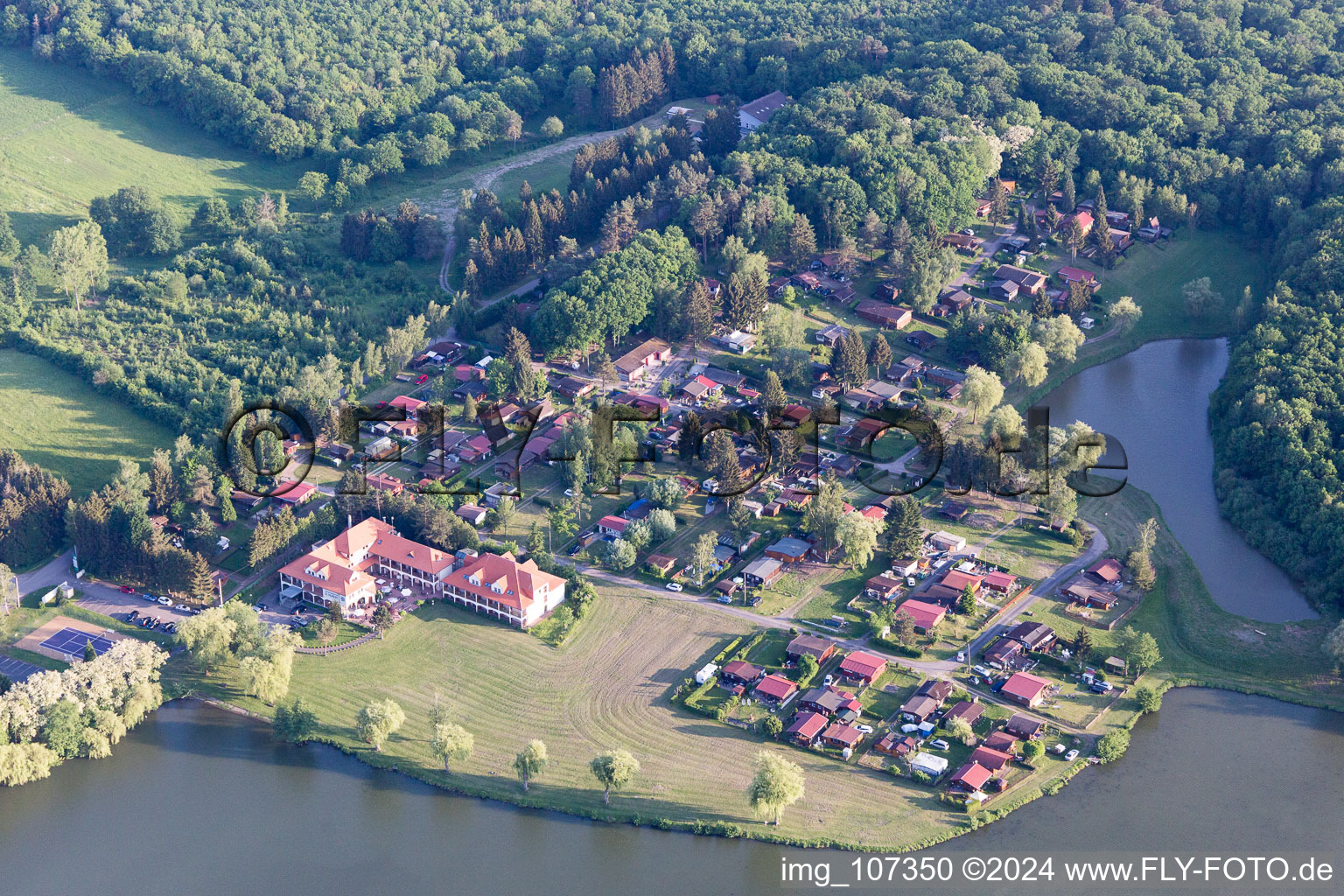 Aerial photograpy of Pond with camping in Hambach in the state Moselle, France