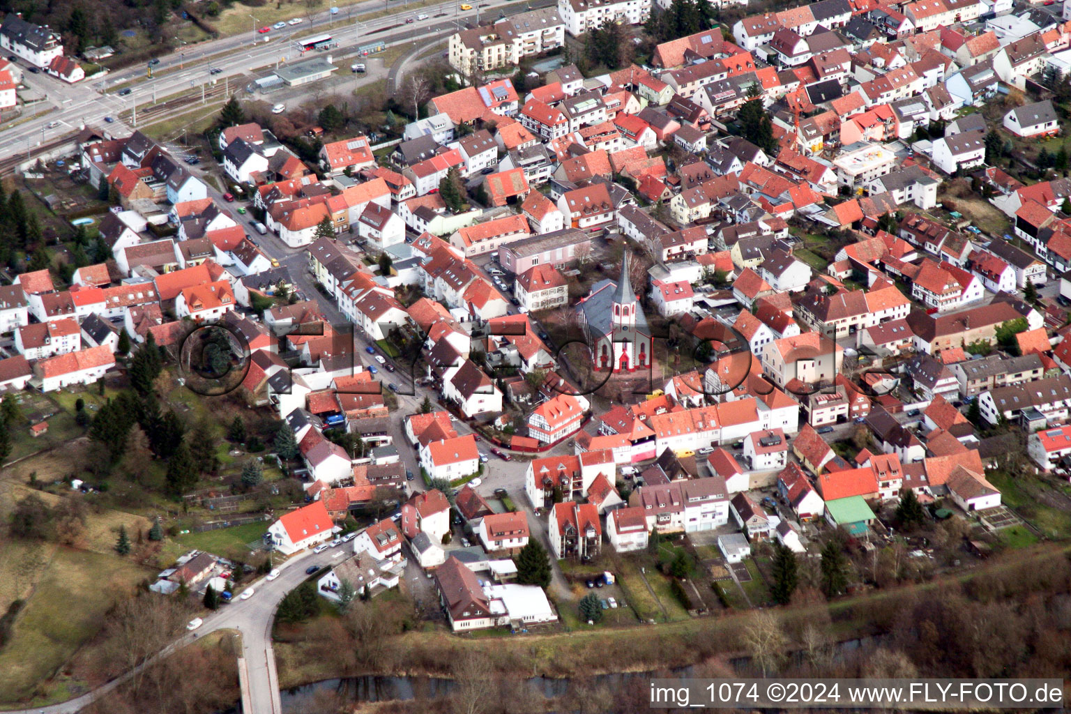 Aerial photograpy of From the southwest in the district Knielingen in Karlsruhe in the state Baden-Wuerttemberg, Germany