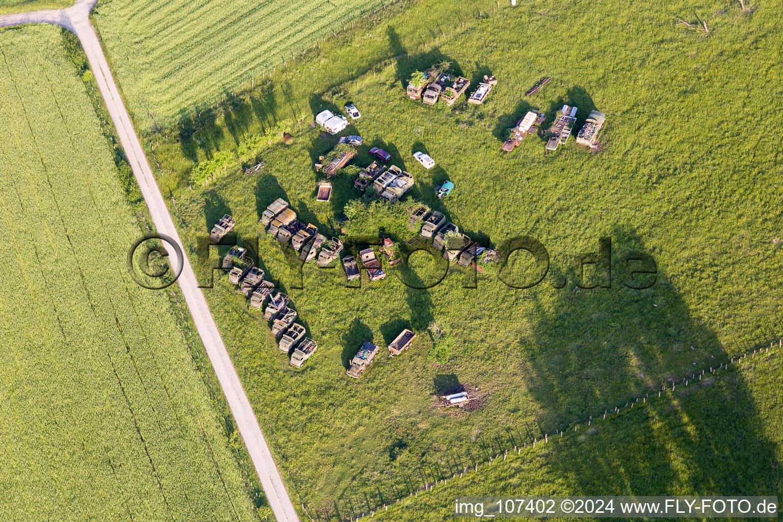 Oblique view of Military trucks in Vibersviller in the state Moselle, France