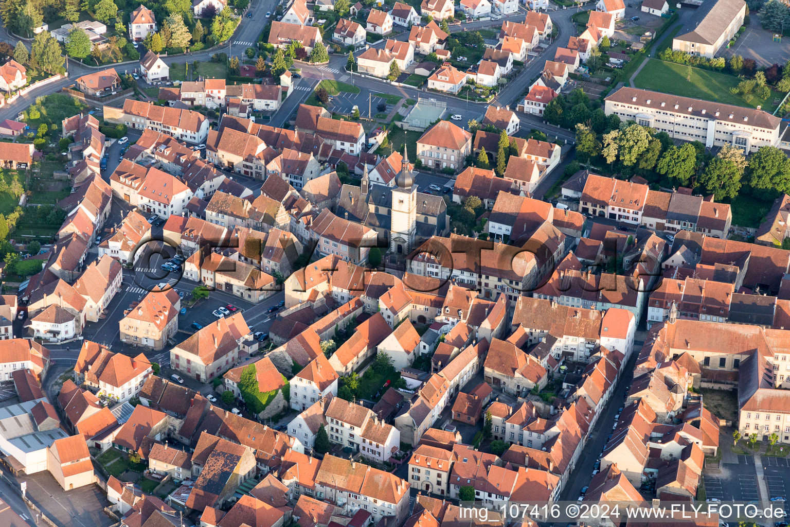 Aerial view of Town View of the streets and houses of the residential areas in Sarre-Union in Grand Est, France