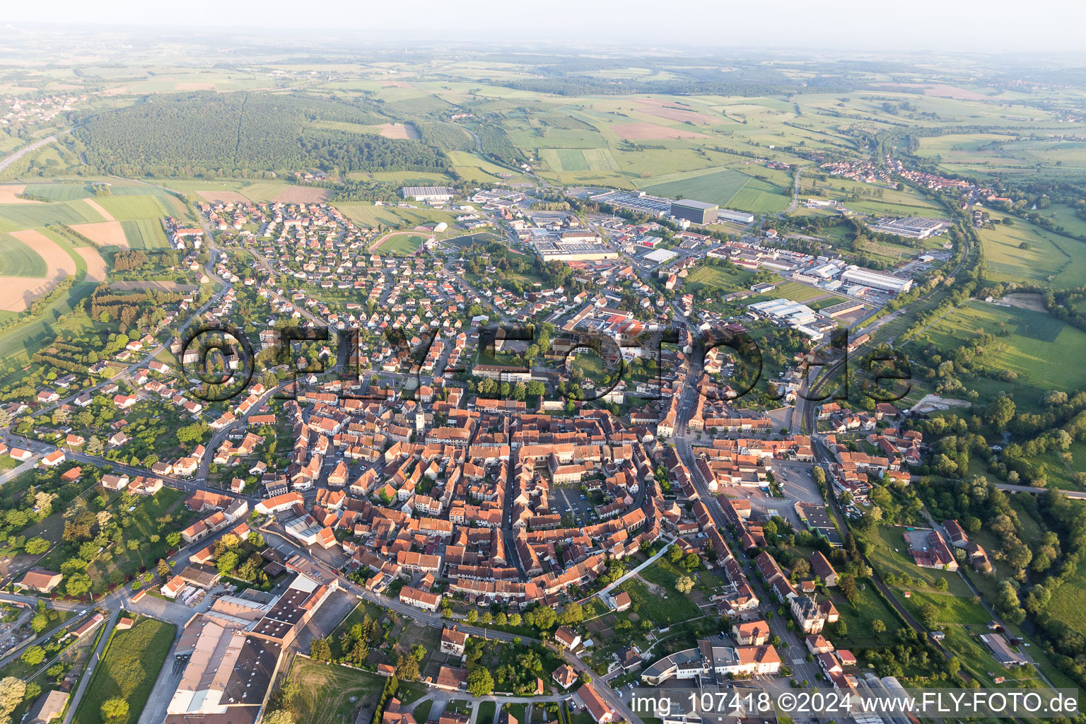 Aerial photograpy of Town View of the streets and houses of the residential areas in Sarre-Union in Grand Est, France