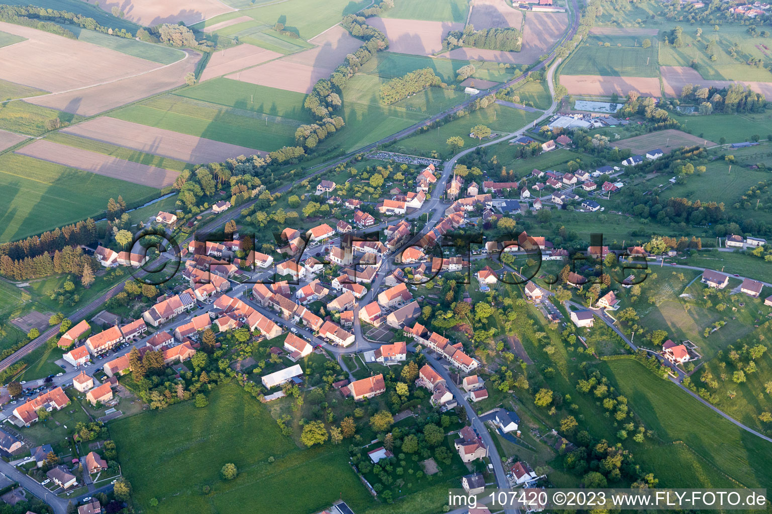 Aerial view of Vœllerdingen in the state Bas-Rhin, France