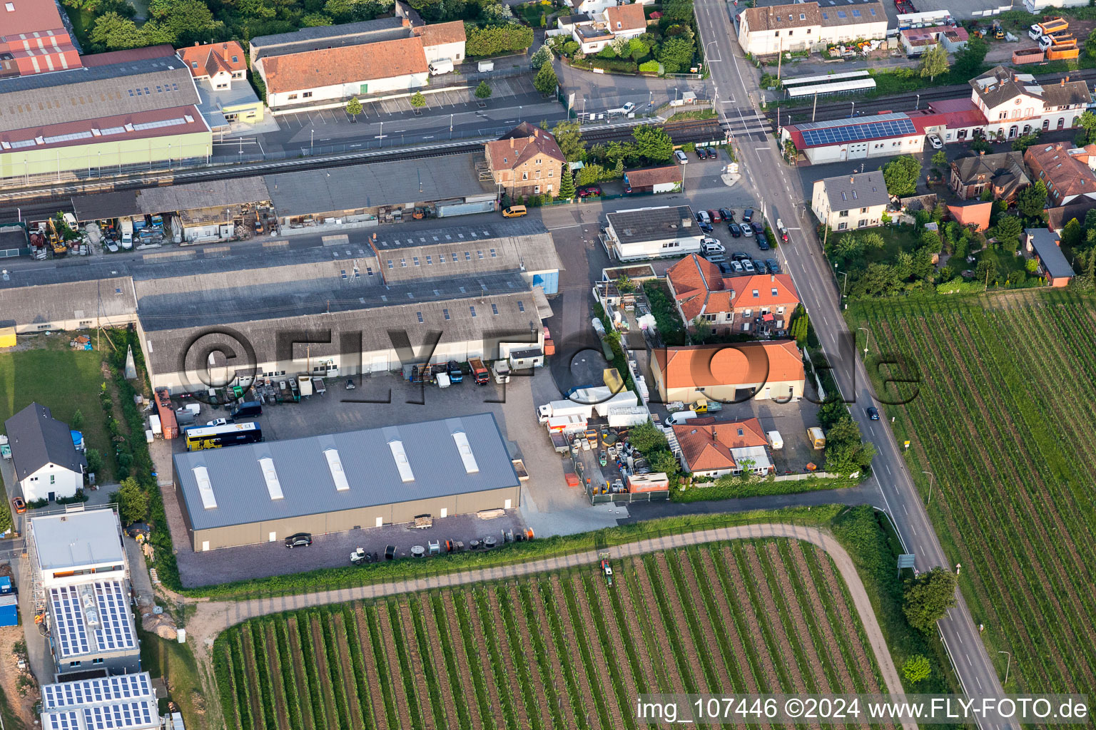 Aerial view of Commercial area at the train station in Kirrweiler in the state Rhineland-Palatinate, Germany