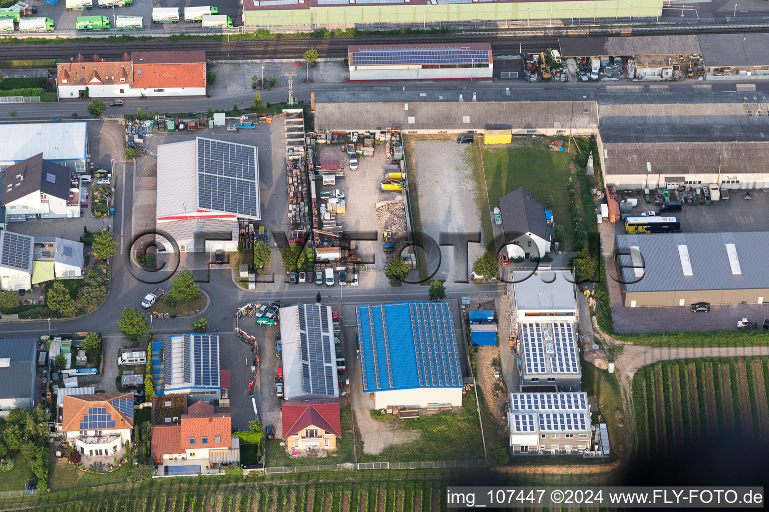 Aerial photograpy of Commercial area at the train station in Kirrweiler in the state Rhineland-Palatinate, Germany