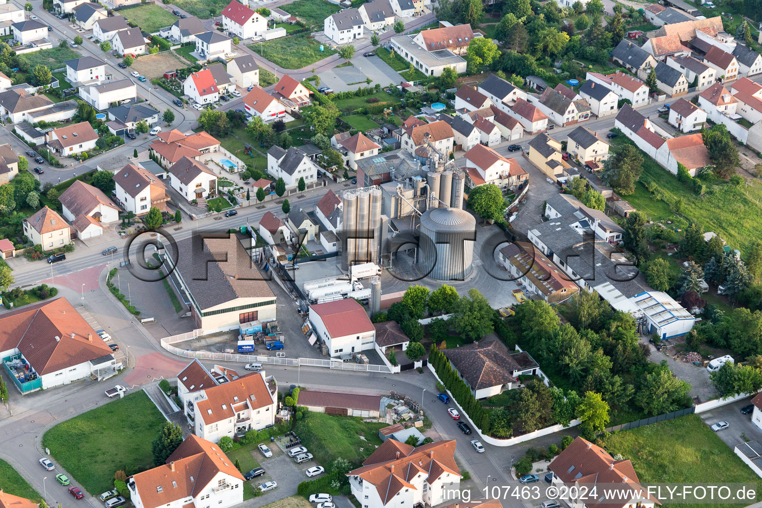 Aerial view of Silo for storage of grains from the mill Deller Muehle in Hochdorf-Assenheim in the state Rhineland-Palatinate, Germany