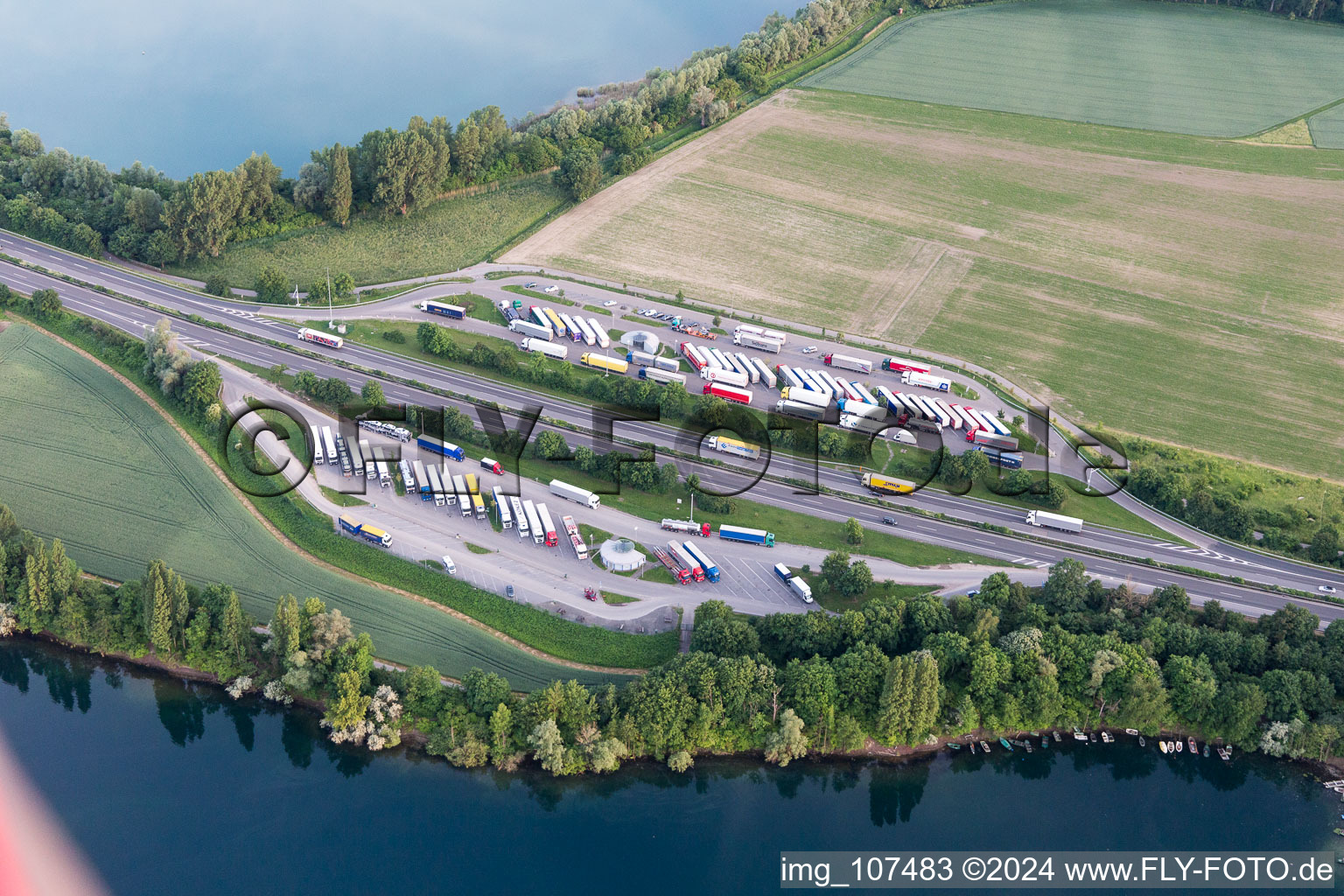 Aerial view of Motorway parking lot A61 in Speyer in the state Rhineland-Palatinate, Germany