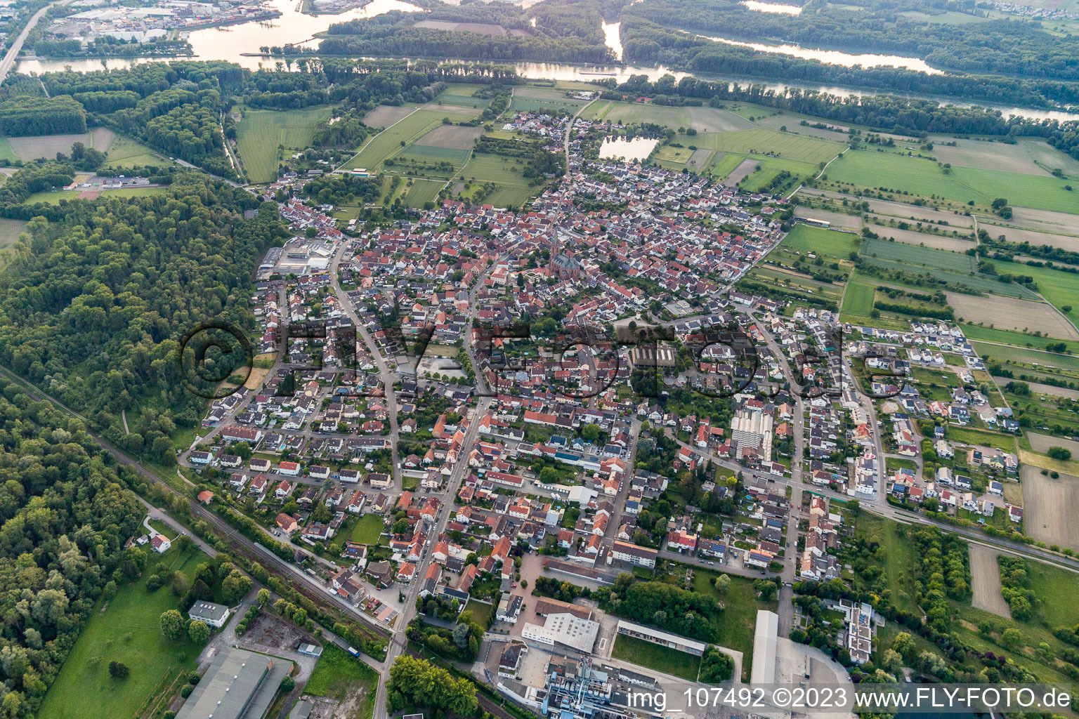 District Rheinsheim in Philippsburg in the state Baden-Wuerttemberg, Germany from the plane