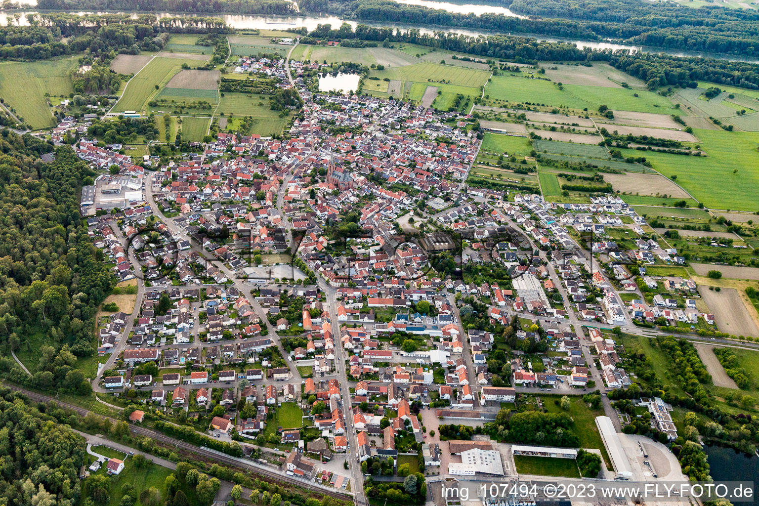 Bird's eye view of District Rheinsheim in Philippsburg in the state Baden-Wuerttemberg, Germany