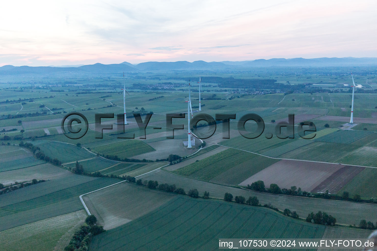 Aerial view of WKAs in Freckenfeld in the state Rhineland-Palatinate, Germany