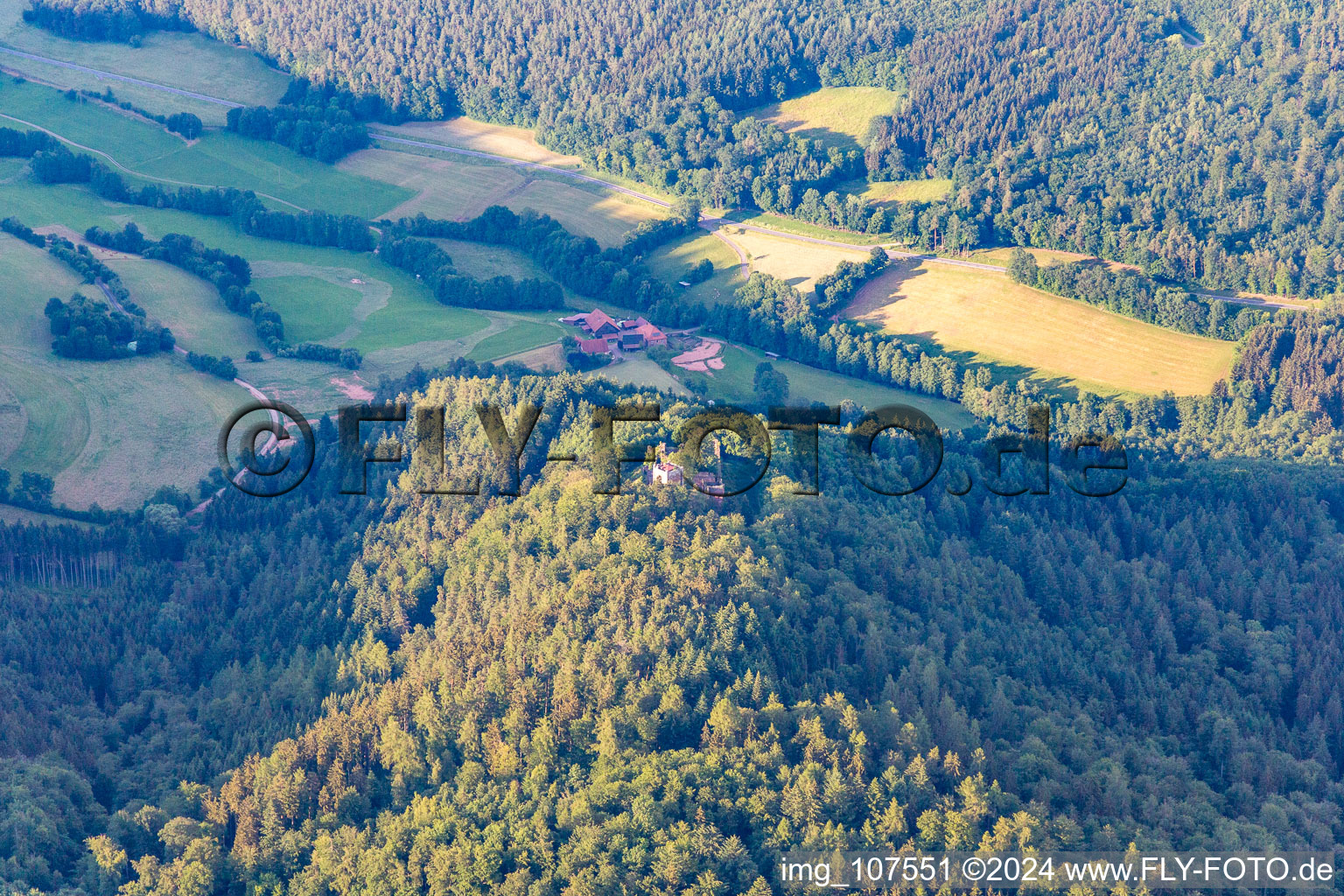 Aerial view of Wildenberg Castle in the district Preunschen in Kirchzell in the state Bavaria, Germany