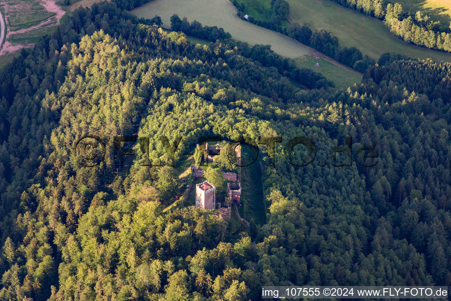 Aerial photograpy of Wildenberg Castle in the district Preunschen in Kirchzell in the state Bavaria, Germany