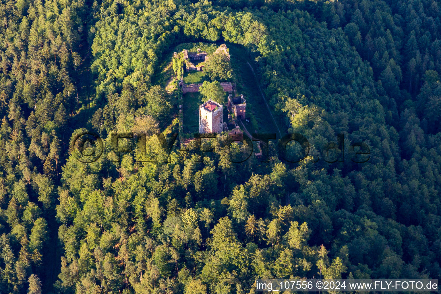 Oblique view of Wildenberg Castle in the district Preunschen in Kirchzell in the state Bavaria, Germany