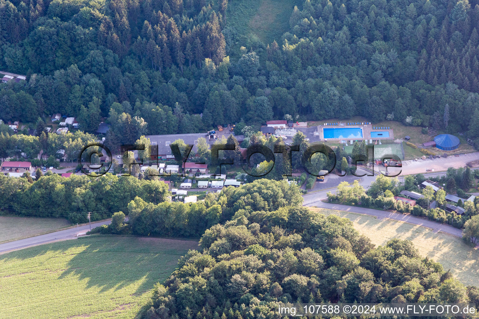 Aerial view of Odenwald Camping in the district Krumbach in Limbach in the state Baden-Wuerttemberg, Germany