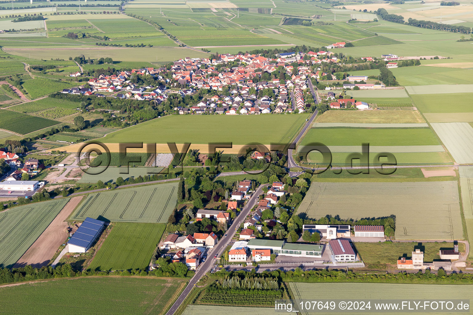 Agricultural land and field borders surround the settlement area of the village in Dorn-Duerkheim in the state Rhineland-Palatinate, Germany