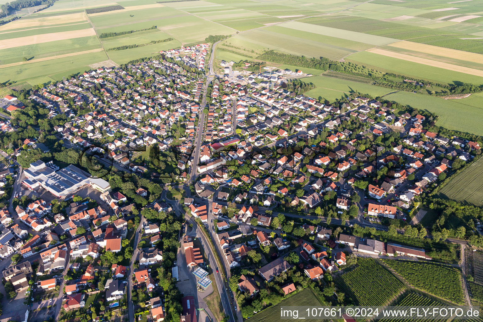 Drone image of Agricultural land and field borders surround the settlement area of the village in Westhofen in the state Rhineland-Palatinate, Germany