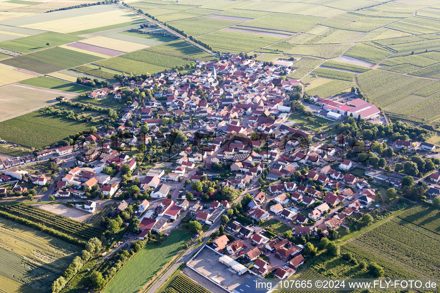 Aerial photograpy of Agricultural land and field borders surround the settlement area of the village in Gundheim in the state Rhineland-Palatinate, Germany