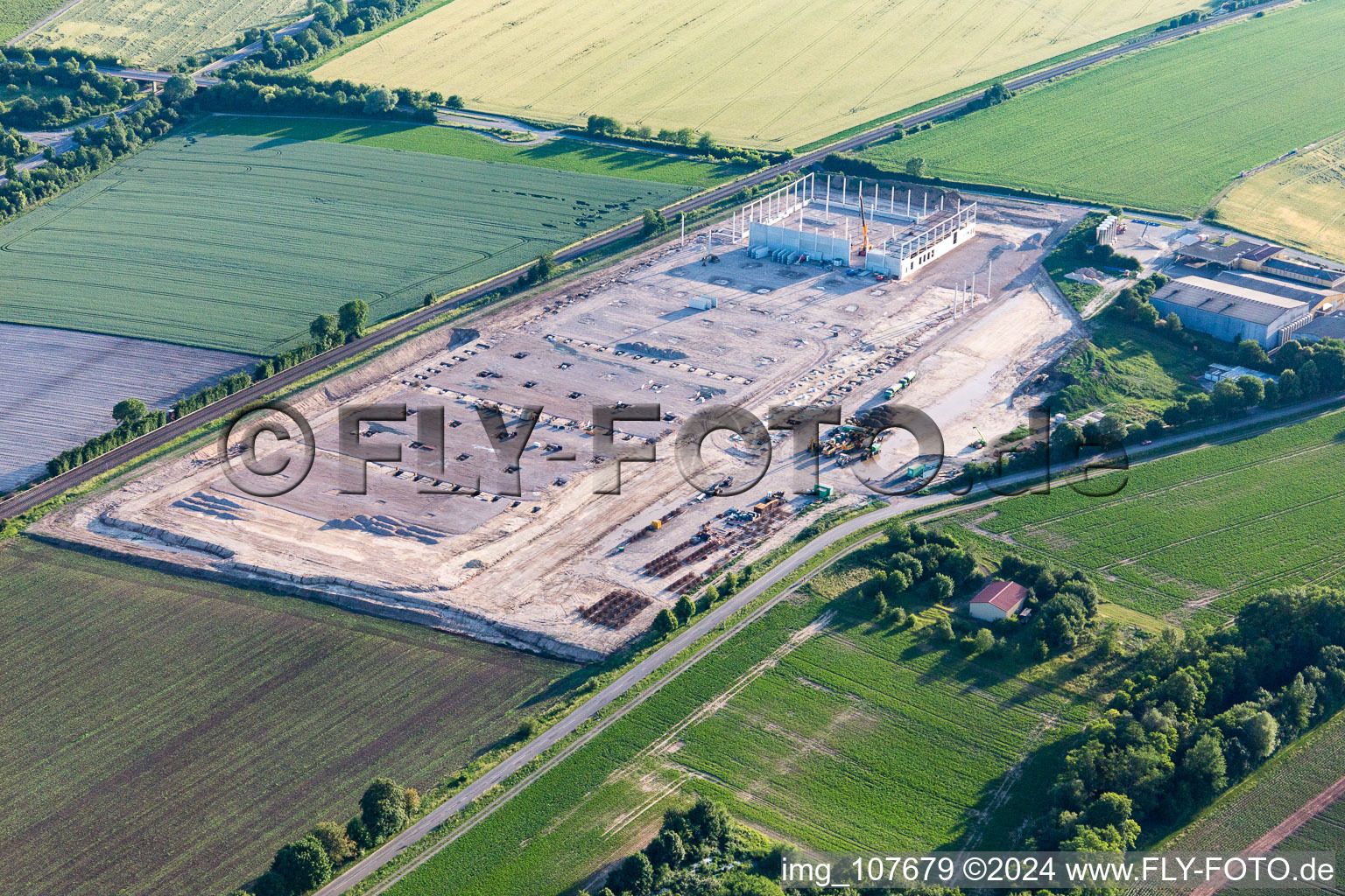 New building construction site in the industrial park Am Bockenheim Weg for the Bezirkswinzergenossenschaft Wonnegau eG in Monsheim in the state Rhineland-Palatinate, Germany