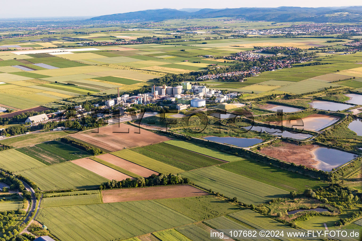 Aerial view of Sewage works Basin for waste water treatment of sugar factory Suedzucker AG in Obrigheim (Pfalz) in the state Rhineland-Palatinate, Germany