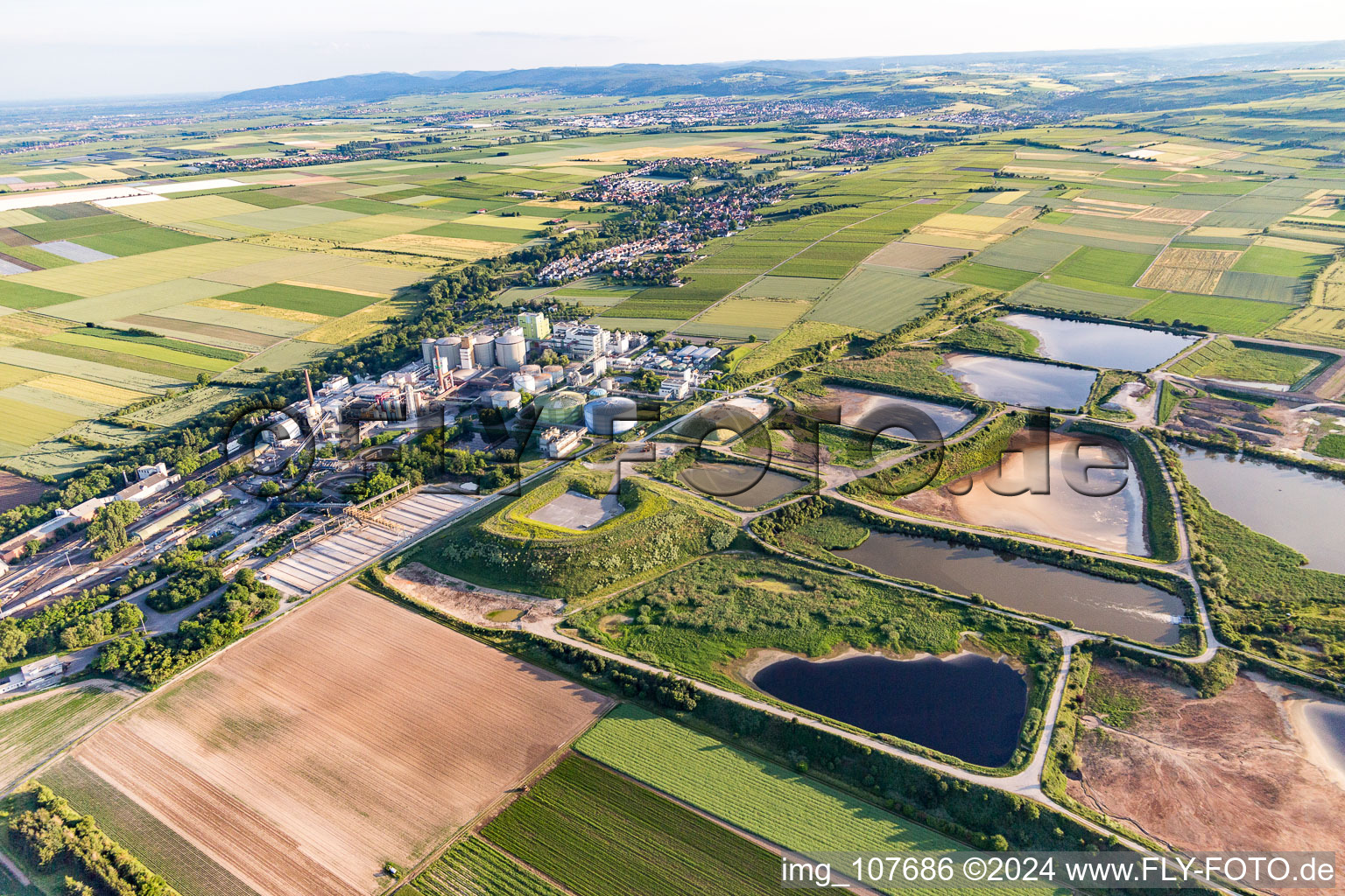 Aerial photograpy of Sewage works Basin for waste water treatment of sugar factory Suedzucker AG in Obrigheim (Pfalz) in the state Rhineland-Palatinate, Germany