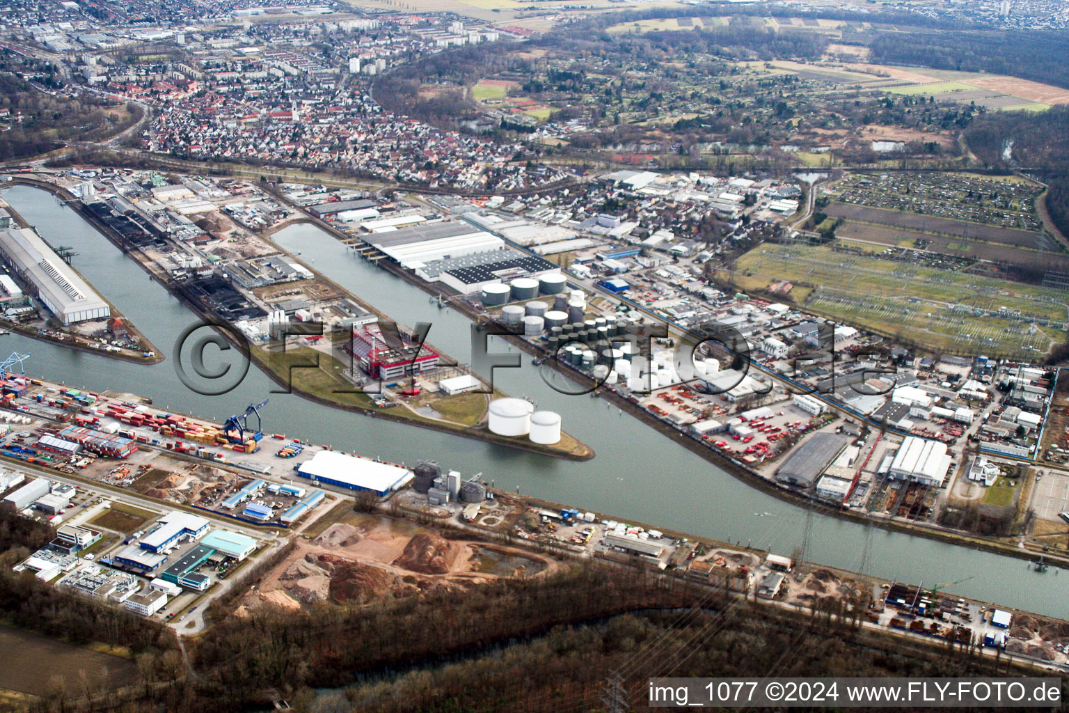 Drone image of District Rheinhafen in Karlsruhe in the state Baden-Wuerttemberg, Germany