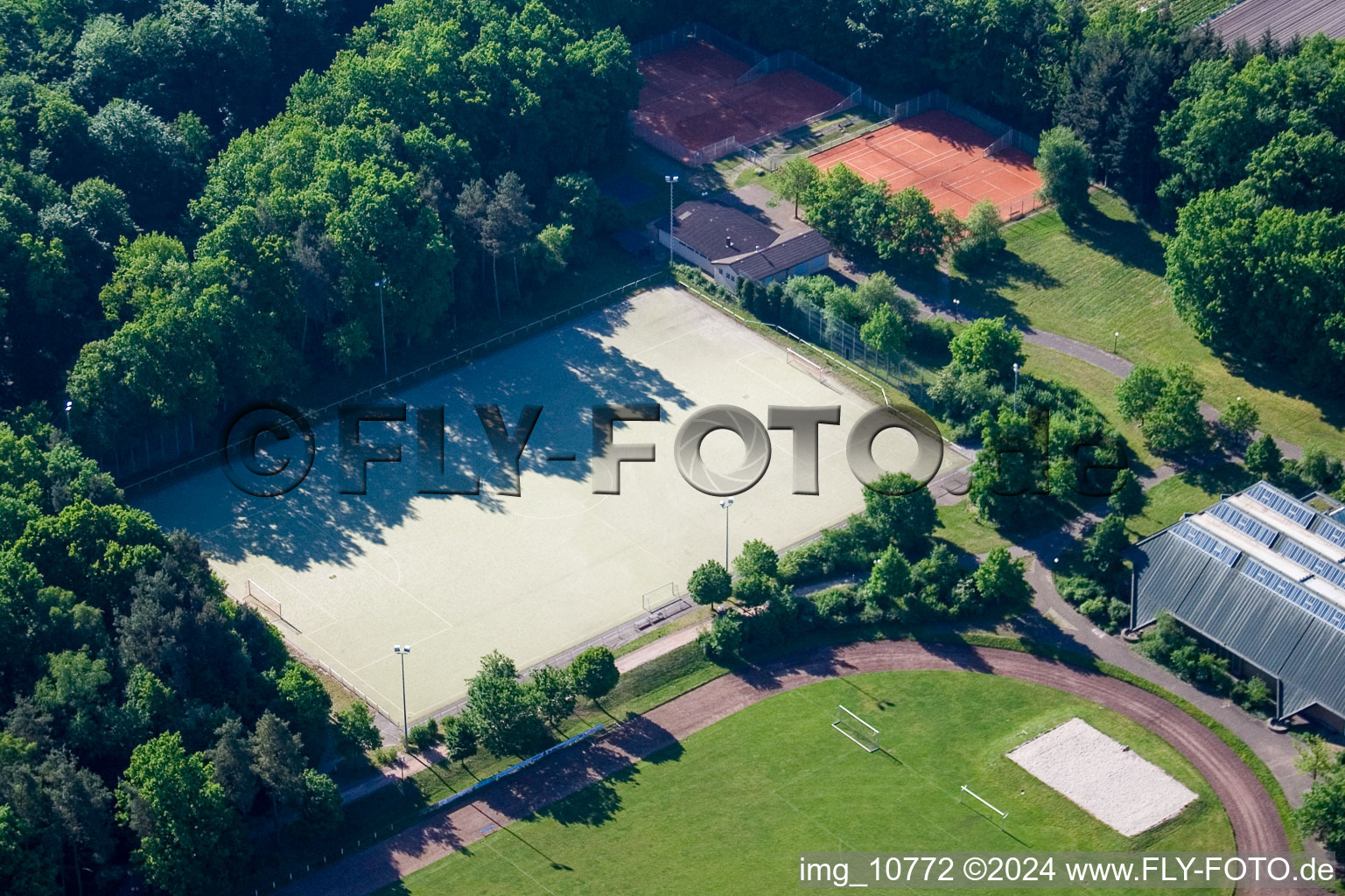 Oblique view of TUS sports facilities in the district Schaidt in Wörth am Rhein in the state Rhineland-Palatinate, Germany