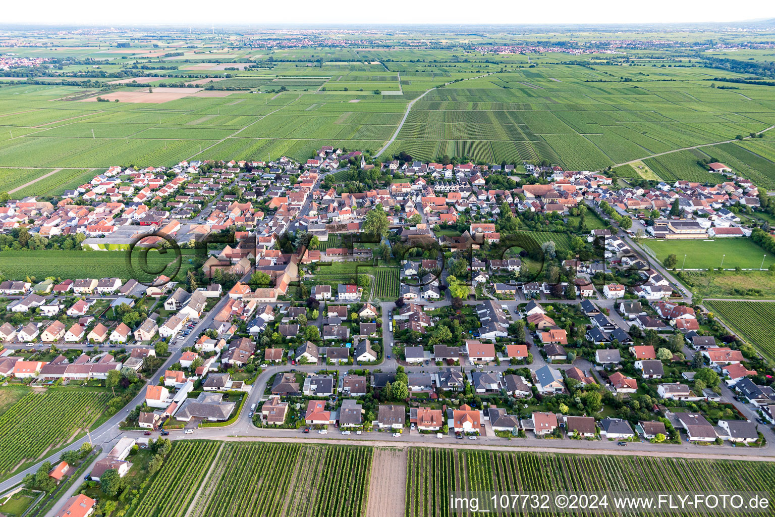 Aerial view of Agricultural land and field borders surround the settlement area of the village in Friedelsheim in the state Rhineland-Palatinate, Germany