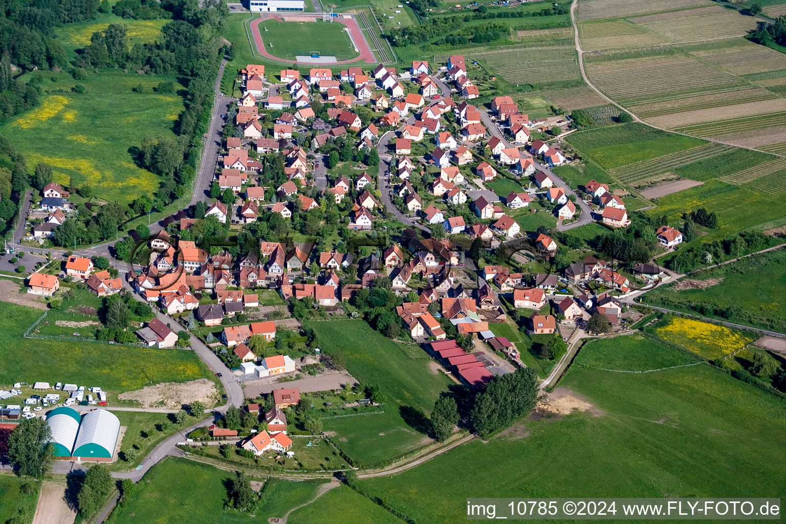 Aerial view of Town View of the streets and houses of the residential areas in Altenstadt in Grand Est, France