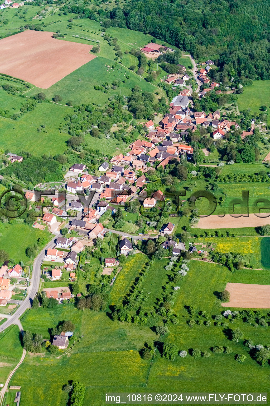 Village - view on the edge of agricultural fields and farmland in the district Mitschdorf in GA?rsdorf in Grand Est, France