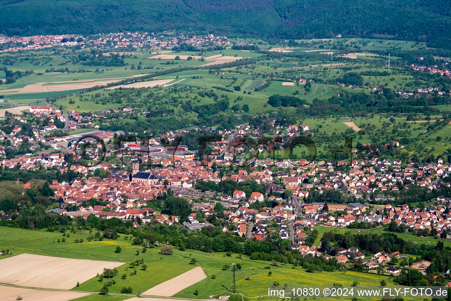 Reichshoffen in the state Bas-Rhin, France seen from a drone