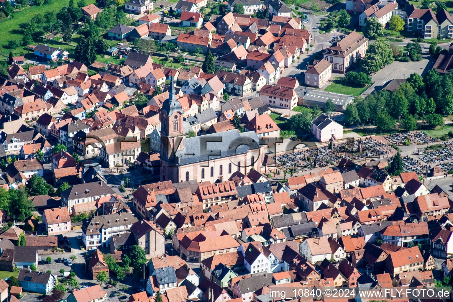 Aerial view of Church building of paroisse protestante in Reichshoffen in Grand Est, France