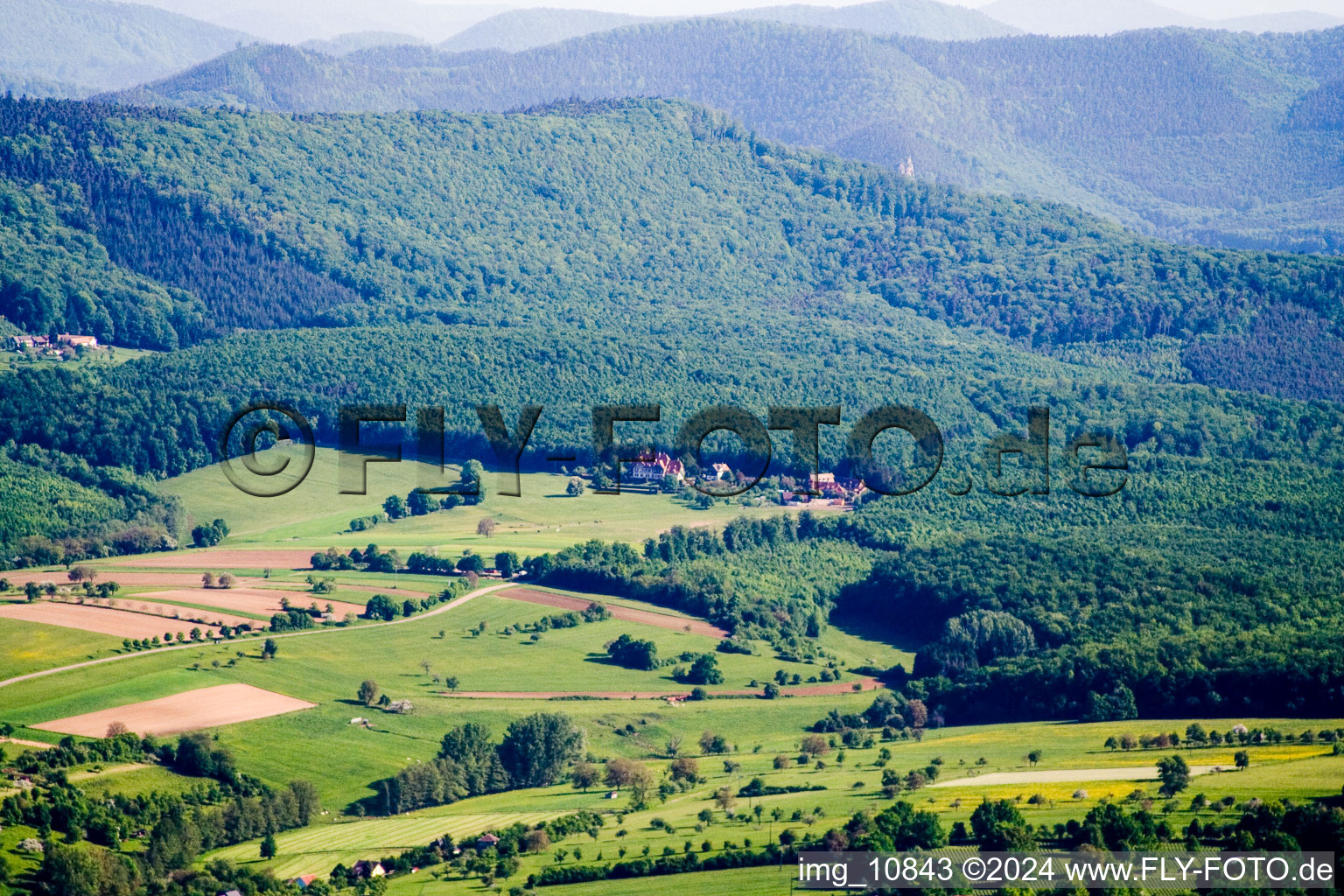 Aerial view of Niederbronn, Villa Riessack in Niederbronn-les-Bains in the state Bas-Rhin, France