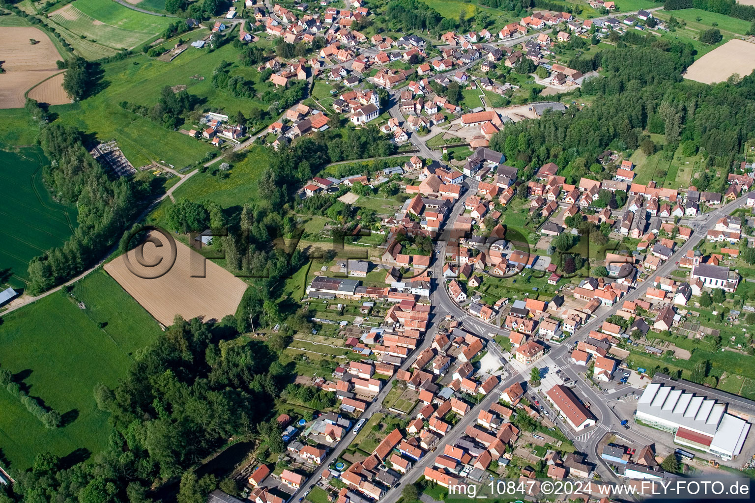 Gumbrechtshoffen in the state Bas-Rhin, France seen from a drone