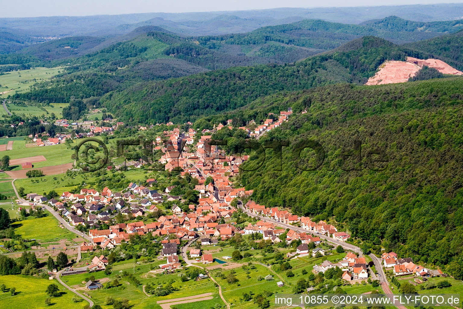 Aerial view of Forest and mountain scenery in Offwiller in Grand Est, France