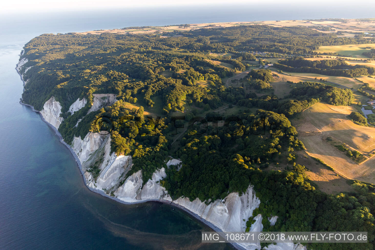 Aerial view of Forests of Moens Klint on the high shores of the Baltic sea in Borre in Region Sjaelland, Denmark