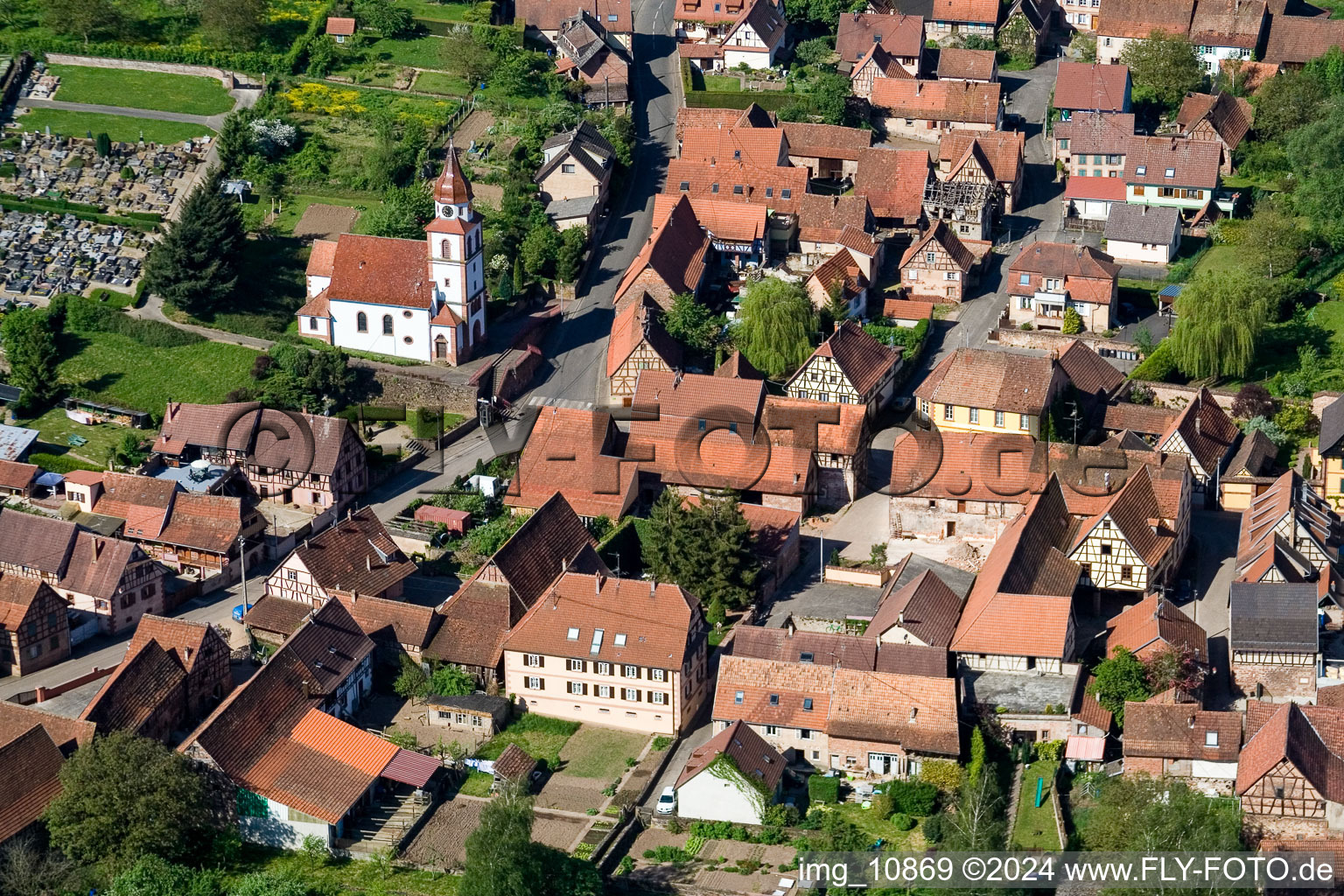 Aerial view of Church building Eglise protestante lutherienne Weinbourg in Weinbourg in Grand Est, France