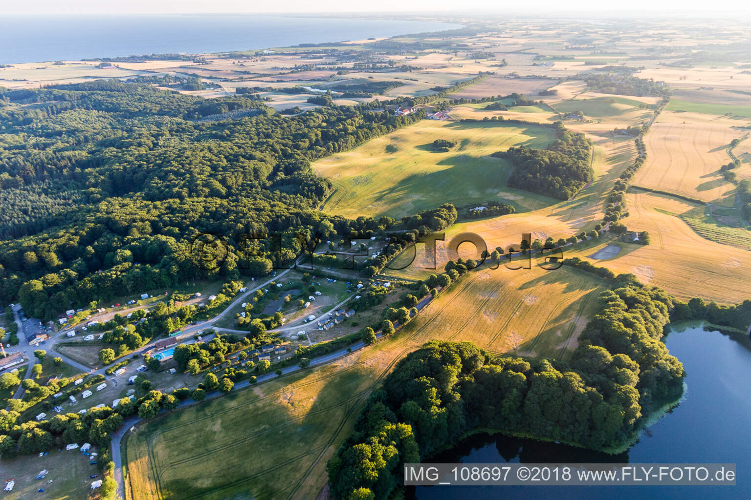 Drone image of (DK), Møns Klint Resort and Camping in Borre in the state Zealand, Denmark