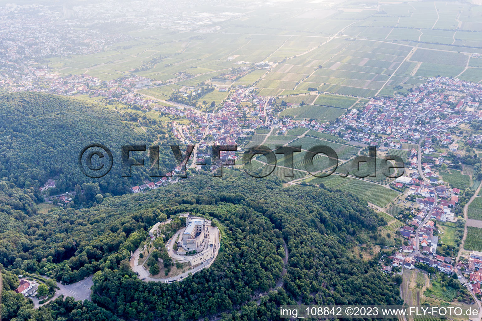 Oberhambach, Hambach Castle in the district Diedesfeld in Neustadt an der Weinstraße in the state Rhineland-Palatinate, Germany seen from a drone