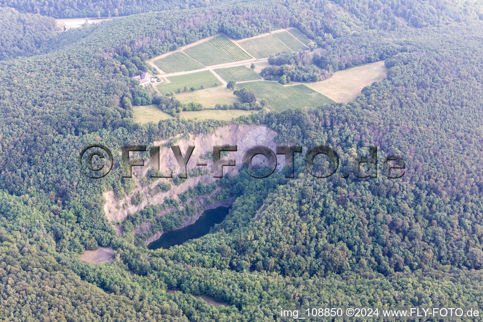 Aerial view of Basalt lake, old quarry in Wachenheim an der Weinstraße in the state Rhineland-Palatinate, Germany