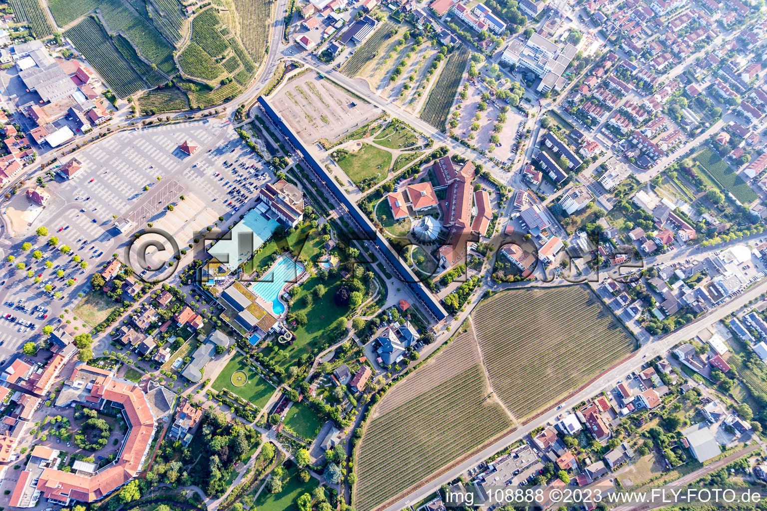 Aerial view of Graduation building Saline at Wurstmarktplatz in Bad Dürkheim in the state Rhineland-Palatinate, Germany