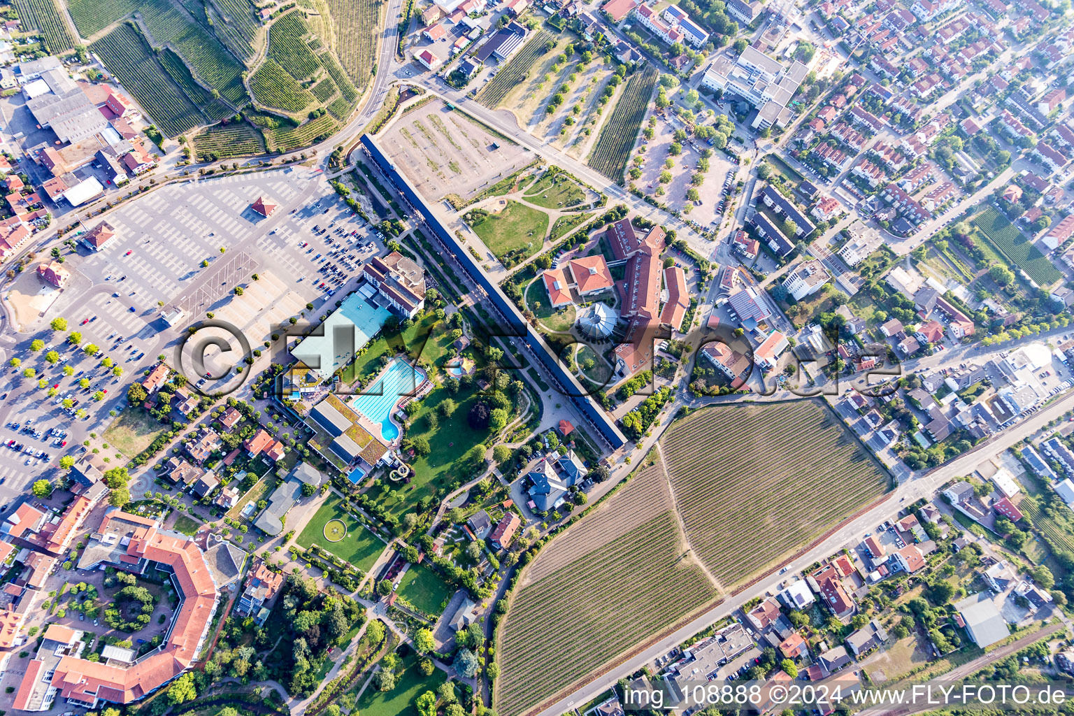 Aerial view of Gradierbau Saline at Wurstmarktplatz in Bad Dürkheim in the state Rhineland-Palatinate, Germany