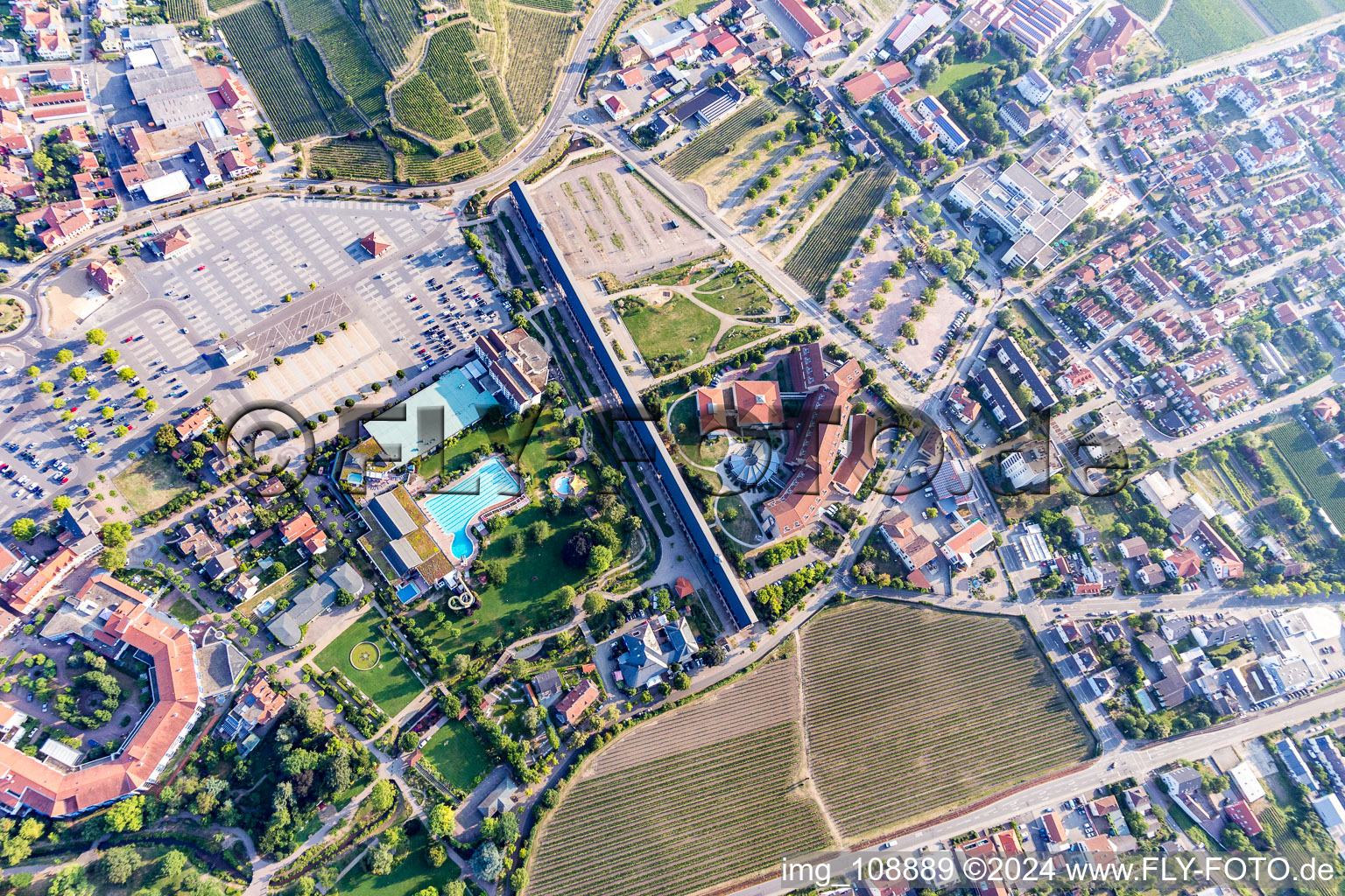 Aerial photograpy of Gradierbau Saline at Wurstmarktplatz in Bad Dürkheim in the state Rhineland-Palatinate, Germany