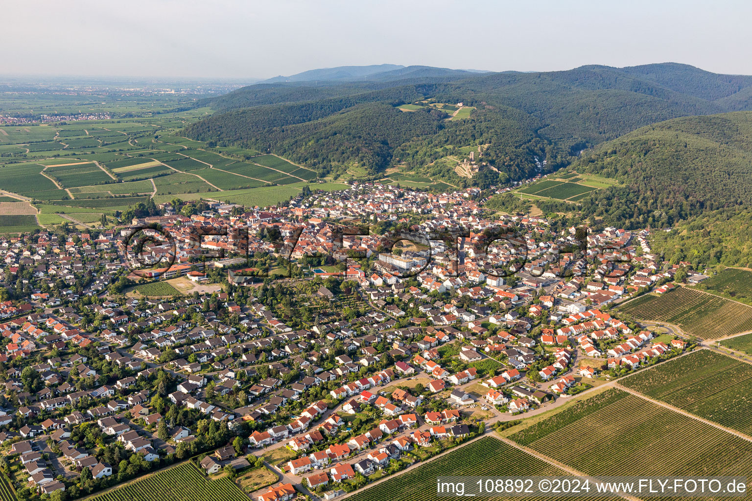 Surrounded by forest and forest areas center of the streets and houses and residential areas in Wachenheim an der Weinstrasse in the state Rhineland-Palatinate, Germany